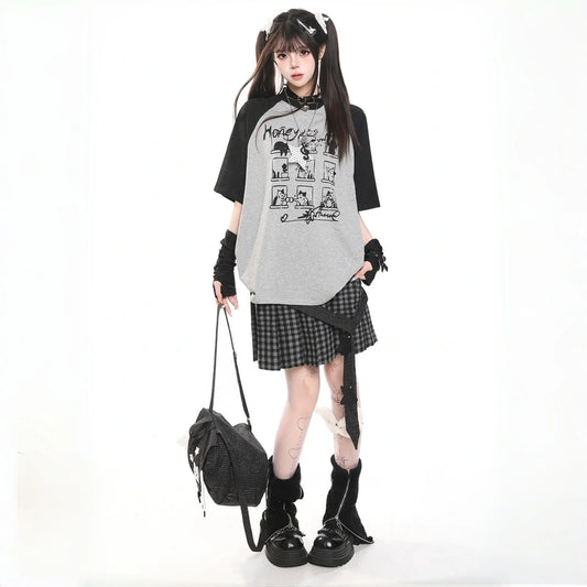 Kawaii Cat Graphic Raglan Oversized T-Shirt