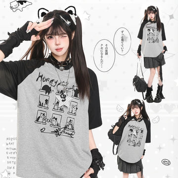 Kawaii Cat Graphic Raglan Oversized T-Shirt