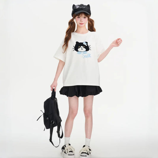 Kawaii Cat Milk Embroidery T-Shirt