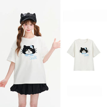 Kawaii Cat Milk Embroidery T-Shirt