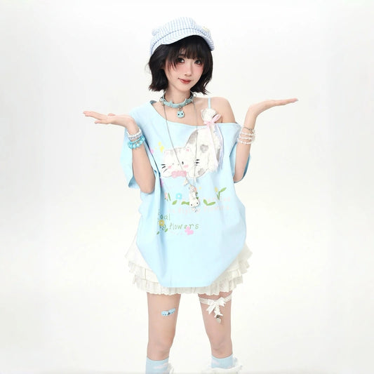 Kawaii Cat Off-Shoulder Oversized T-Shirt