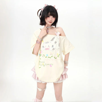 Kawaii Cat Off-Shoulder Oversized T-Shirt