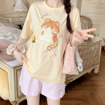 Kawaii Cat Patch Oversized T-Shirt