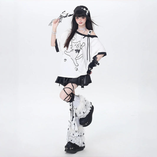 Kawaii Cat Polka Dot Off-Shoulder Lace-Up T-Shirt