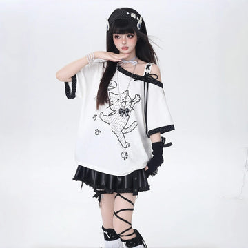 Kawaii Cat Polka Dot Off-Shoulder Lace-Up T-Shirt