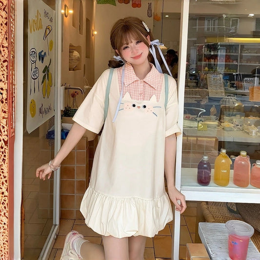 Kawaii Cat Polo Collar T-Shirt Dress