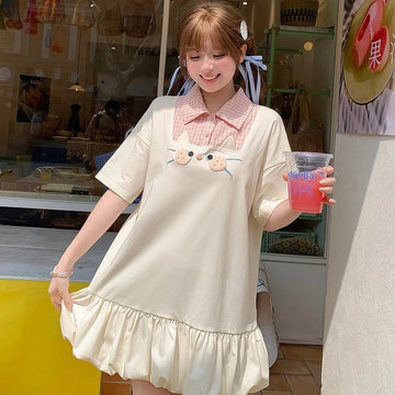 Kawaii Cat Polo Collar T-Shirt Dress