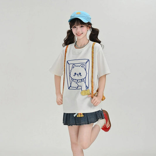 Kawaii Cat in a Box Embroidered T-Shirt