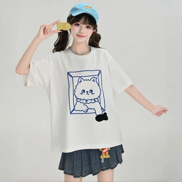 Kawaii Cat in a Box Embroidered T-Shirt