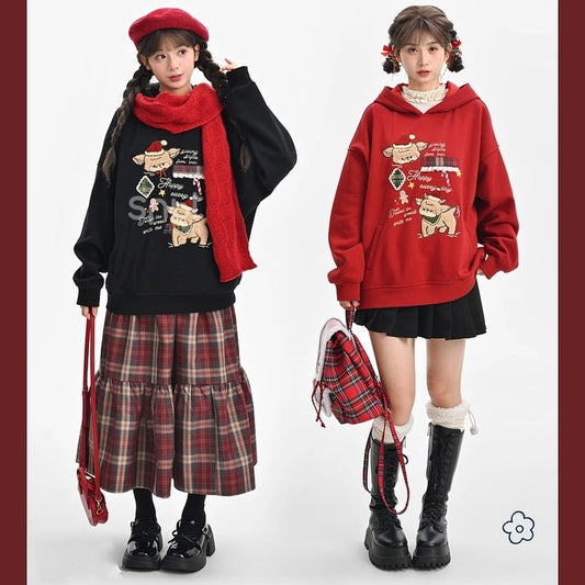 Kawaii Christmas Style Red Cartoon Deer Embroidered Sweatshirt