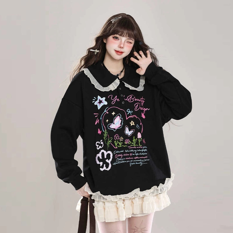 Kawaii College Style Lace Doll Collar Sweatshirt