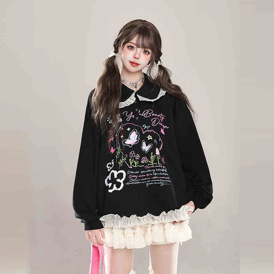 Kawaii College Style Lace Doll Collar Sweatshirt