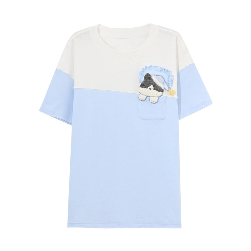 Kawaii Color-Blocking Cartoon Cat Embroidery Short-sleeved T-shirt