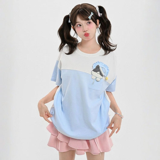 Kawaii Color-Blocking Cartoon Cat Embroidery Short-sleeved T-shirt