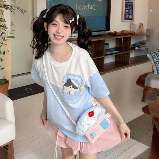Kawaii Color-Blocking Cartoon Cat Embroidery Short-sleeved T-shirt