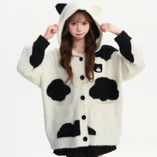 Kawaii Cow Print Cat Embroidered Hooded Cardigan