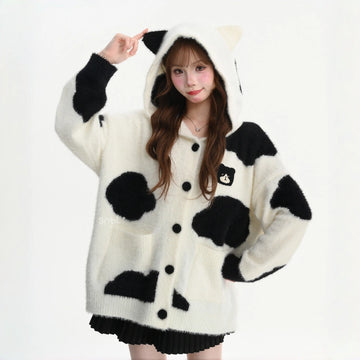 Kawaii Cow Print Cat Embroidered Hooded Cardigan