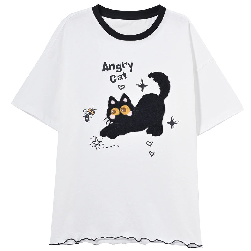 Kawaii Cute 3D Cat Embroidered Short-Sleeved T-shirt