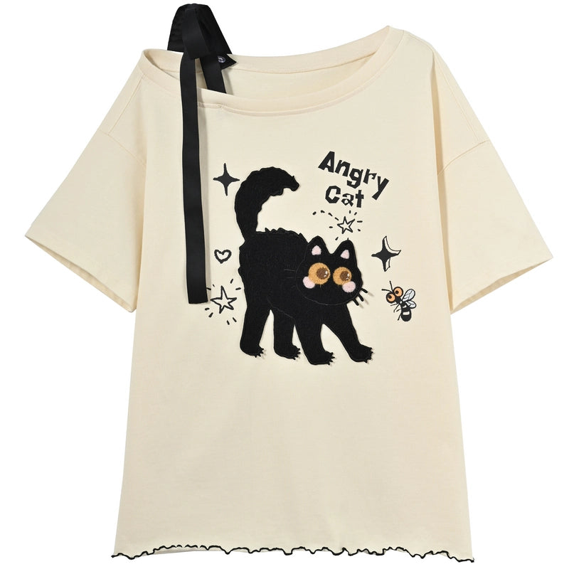 Kawaii Cute 3D Cat Embroidered Short-Sleeved T-shirt