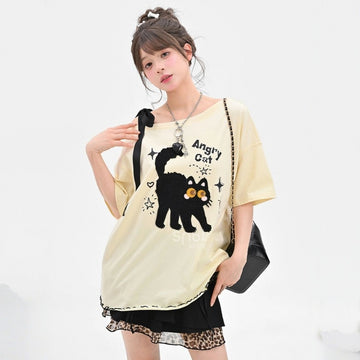 Kawaii Cute 3D Cat Embroidered Short-Sleeved T-shirt