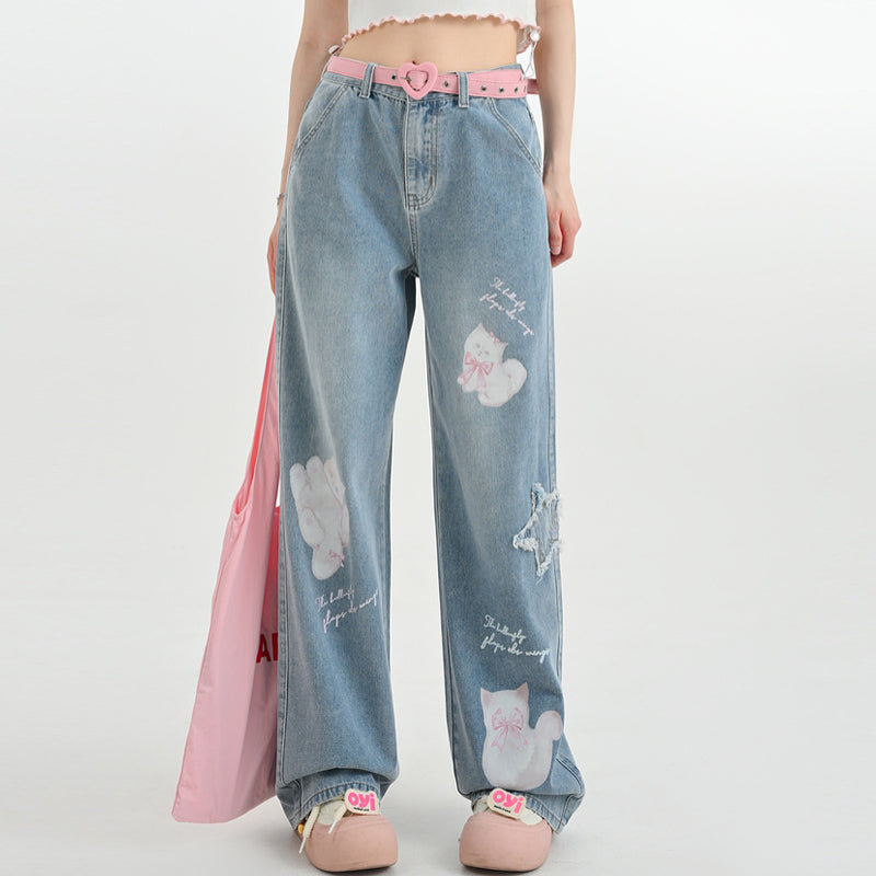 Kawaii Cute Cartoon Kitten Print Straight Jeans