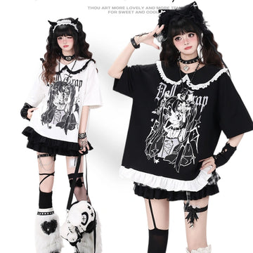Kawaii Dark Gothic Cartoon Girl Oversized T-Shirt