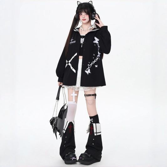 Kawaii Dark Sailor Collar Butterfly Embroidered Blouse