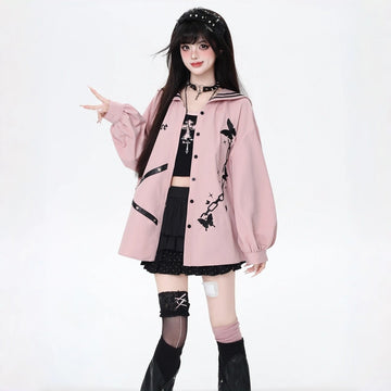 Kawaii Dark Sailor Collar Butterfly Embroidered Blouse