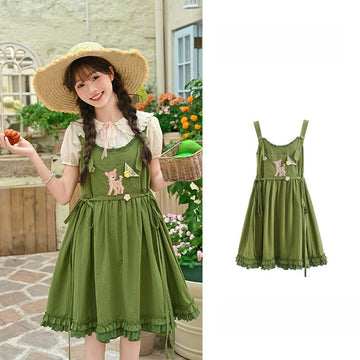 Kawaii Deer Embroidered Suspender Dress
