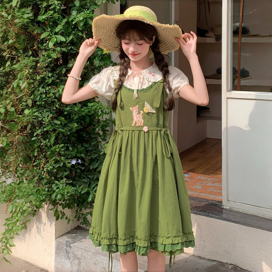 Kawaii Deer Embroidered Suspender Dress