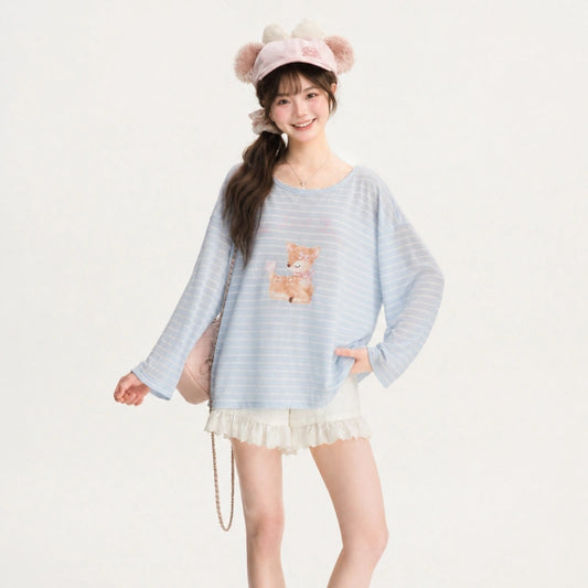 Kawaii Deer Stripe Lace Long Sleeve T-Shirt