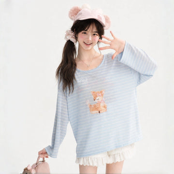 Kawaii Deer Stripe Lace Long Sleeve T-Shirt