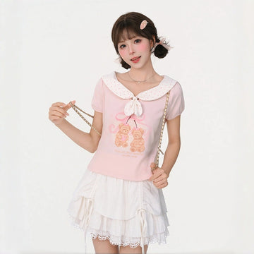 Kawaii Detachable Polka Dot Collar Bear Crop T-Shirt