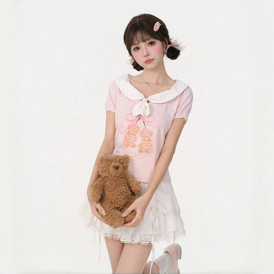 Kawaii Detachable Polka Dot Collar Bear Crop T-Shirt