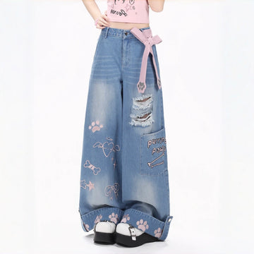 Kawaii Embroidered Distressed Wide Leg Jeans