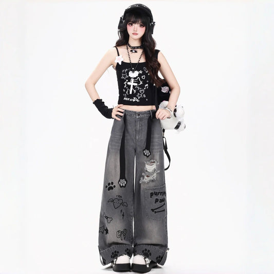 Kawaii Embroidered Distressed Wide Leg Jeans