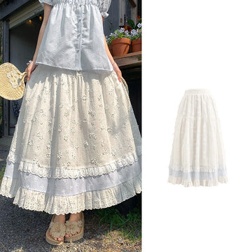 Kawaii Embroidered Lace A-Line Midi Skirt