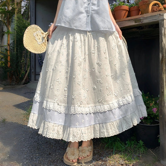Kawaii Embroidered Lace A-Line Midi Skirt