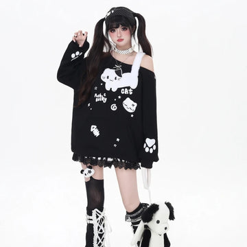 Kawaii Fake Two-Piece Cat-Themed Off-Shoulder Sweatshirt