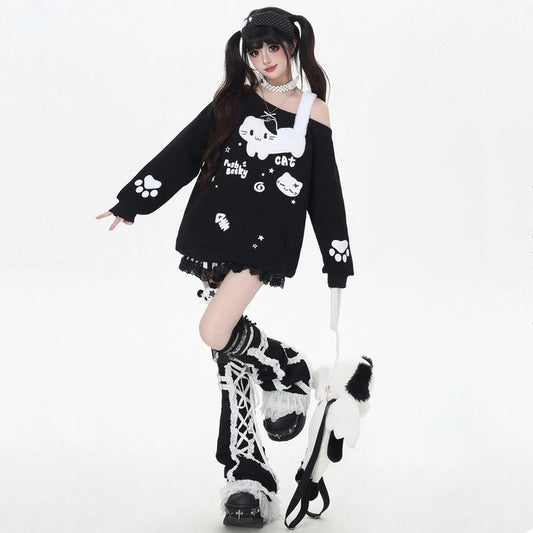 Kawaii Fake Two-Piece Cat-Themed Off-Shoulder Sweatshirt