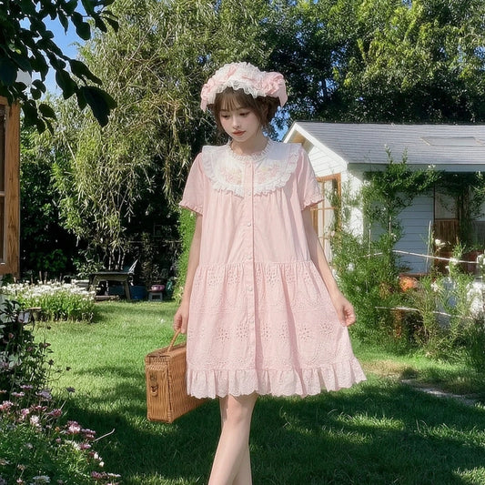 Kawaii Floral Embroidered Cotton Babydoll Dress