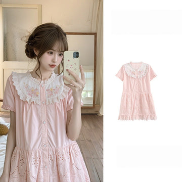 Kawaii Floral Embroidered Cotton Babydoll Dress