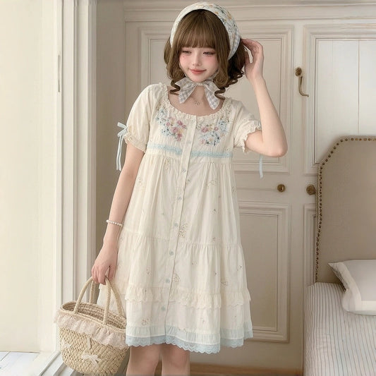 Kawaii Floral Embroidered Puff Sleeve Dress