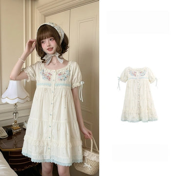 Kawaii Floral Embroidered Puff Sleeve Dress