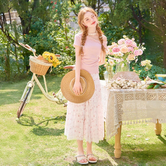 Kawaii Floral Lace Chiffon Maxi Skirt