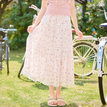 Kawaii Floral Lace Chiffon Maxi Skirt