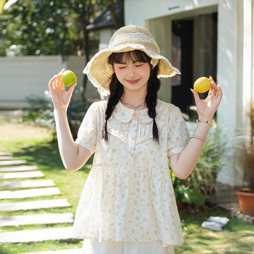 Kawaii Floral Peter Pan Collar Puff Sleeve Blouse