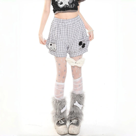 Kawaii Gingham Embroidered High Waist Shorts