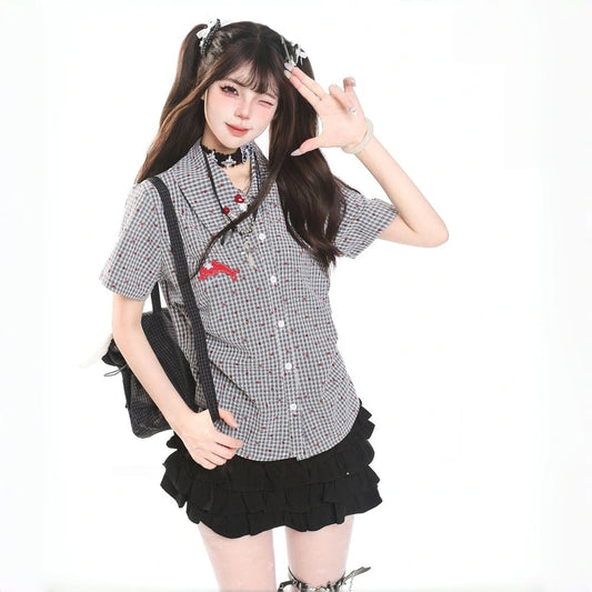 Kawaii Gingham Polka Dot Fitted Shirt