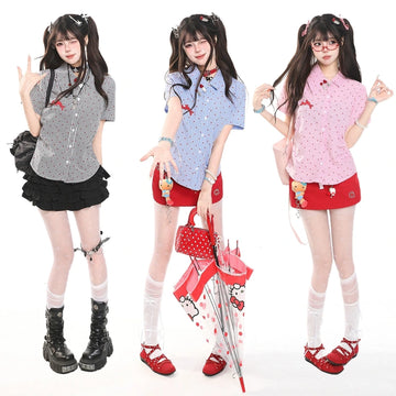 Kawaii Gingham Polka Dot Fitted Shirt